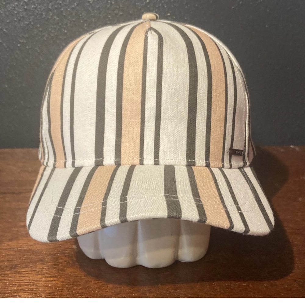Tan and Gray Striped Cap with Curved Brim